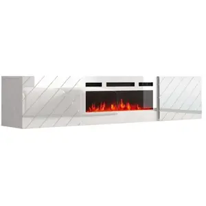 BB-LOISIR Meuble tv 183x38x35 cm blanc brillant/blanc mat rota avec cheminée intégrée blanche meuble Hi-fi mural pas cher