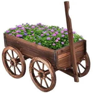COSTWAY Brouette à Fleurs en Bois Jardinière à Roues avec Poignée Régl... pas cher