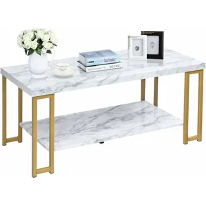 COSTWAY Table Basse Imprimée Marbre à 2 Niveaux avec 4 Pieds en Métal Doré, Table de Salon Scandinave pour Bureau Salle deVendu parcdiscount