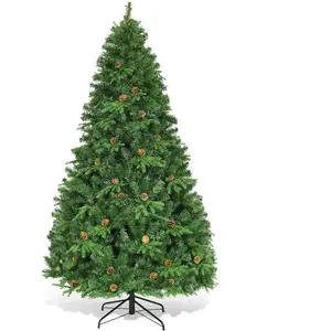 GOPLUS Sapin de Noël Artificiel 225CM Lumineux avec Pommes de Pin, Feuilles en PVC/PE,540 LED Blanche Chaude,Socle en Fer,Vert pas cher