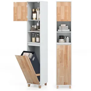 Costway COSTWAY Meuble Colonne de Salle de Bain avec 2 Portes, Sac à Linge et 2 Compartiment Ouvert, Étagères Réglables 32 x 31 x 170,5 cm pas cher