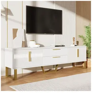NECHE Meuble TV Blanc Brillant4 Portes Sculptées2 TiroirsAccents Dorés... pas cher