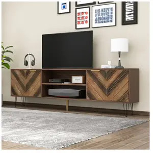 NECHE Meuble TV Bas Bois Naturel - 2 Portes Pieds Métalliques Design Élégant Polyvalent155x38x48cm pas cher