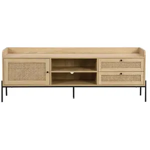 HOMIFAB Meuble TV 1 porte 2 tiroirs en cannage naturel et effet chêne 160 cm - Iris pas cher
