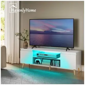 Meuble TV LED 140 cm HavenlyHome Meuble TV en Bois avec 2 Portes et 2 Etagères pour Salon et Chambre 140 x 35 x 50.5 cm Blanc pas cher