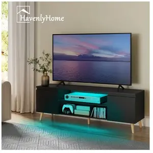 Meuble TV LED 120 cm HavenlyHome Support TV avec 2 Portes et 2 Etagères pour Télévision jusquà 55 pour Salon et Chambre Noir pas cher
