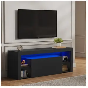 Meuble TV LED 140 cm HavenlyHome - Meuble TV en Bois avec 1 Tiroirs - pour Salon et Chambre - 140 x 35 x 50.5 cm - Moderne - Noir pas cher
