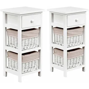 Costway Lot 2 Tables De Chevet Avec 1 Tiroir Et 2 Panier D'osier Amovible,Cadre En Bois De Paulownia Style Vintage Rustique pas cher