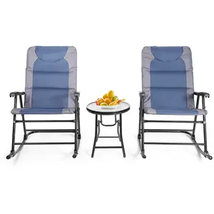 COSTWAY Ensemble de Jardin 3 PCS Table Basse en Verre avec 2 Chaises Extérieures à Bascule Pliables Coussins Rembourrés Bleu pas cher