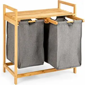 COSTWAY Panier à Linge en Bambou, Étagère Salle de Bain avec 2 Sacs à Linge Sa... pas cher