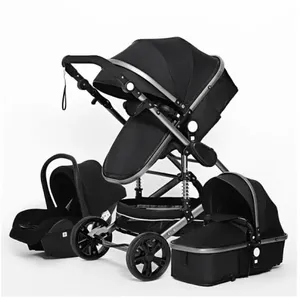 BAZARLAND30.Poussette 3 en 1 Bébé Combinée Siège-Auto Nacelle Réversible Réglable Haute Qualité Roues increvables Canne noir pas cher