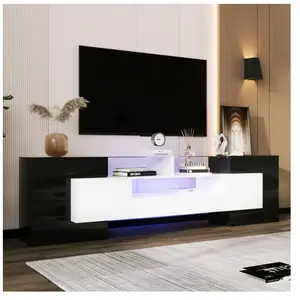 YOLEO Meuble TV Blanc et noir brillant LED,Commode TV avec 3 Compartiments + 6 Portes + 2 Tiroirs,Meuble Télé surface en verre,L200cm pas cher