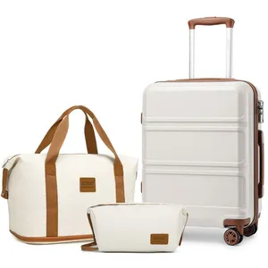 KONO Set de 3 Valises de Voyage Rigide Bagage Cabine 55x40x22cm + Pliable Sac de Voyage pour Sport avec Trousse de Maquillage, CrèmeVendu parcdiscount