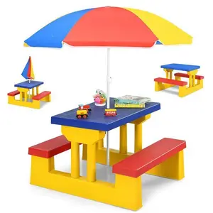 COSTWAY Salon de Jardin pour Enfant Table et 2 Bancs avec Parasol pour...Vendu parcdiscount
