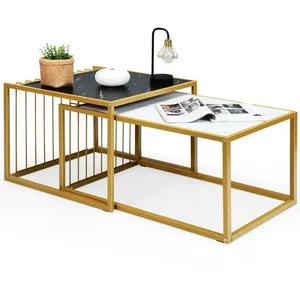 COSTWAY Lot de 2 Tables Basses Gigognes Imprimée Marbre avec Cadre en Métal Doré Table d'Appoint Scandinave avec Patins pas cher