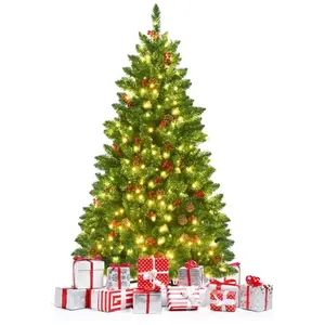 GOPLUS Sapin de Noël Artificiel 135CM Lumineux,LED Blanche Chaude,Branches Ignifuge avec Pommes de Pin et Baies Rouges,Auto-Ouvert pas cher