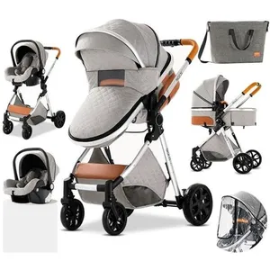 LUXCAR Poussette 3 en 1 Bébé Combinée Siège-Auto Landau Nacelle Réglable Sac à Langer Haute Qualité Poussette Canne Gris Clair pas cher