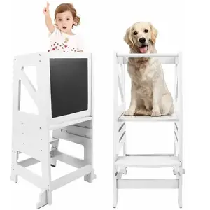 YOLEO Tour d'apprentissage en Bois, Tour d'observation pour Enfants, Montessori Learning Tower, Réglable, Marchepied avec Tableau, BlancVendu parcdiscount