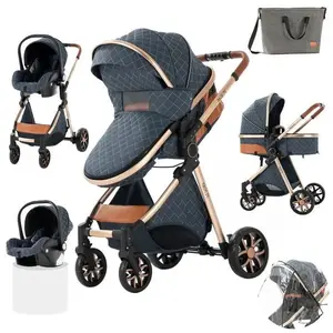 P O S Poussette 3 en 1 Bébé Combinée Siège-Auto Nacelle Trio Réversible Réglable Haute Qualité Roues increvables Canne bleu.bazarland30 pas cher