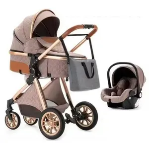 P O S Poussette 3 En 1 Bébé Combinée Siège-Auto Nacelle Trio Réversible Réglable Haute Qualité Roues Increvables Canne Khaki.