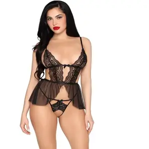 Leg Avenue - Babydoll and Crotchless Panty Lingerie set - L - ZwartVendu parbol
