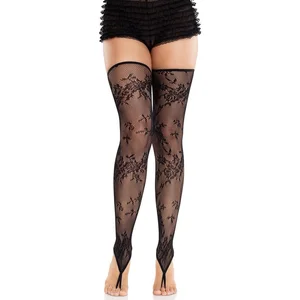 Leg Avenue - Floral Net Toe Loop Footless Thigh high kousen - Zwart