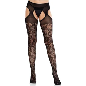Leg Avenue - Cross Hatch Floral Lace Kousen en jarretelgordel set - Zw... pas cher