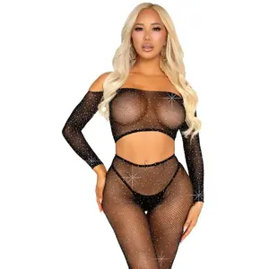 Leg Avenue - Rhinestone Fishnet Crop Top and Legging Lingerie set - Zwart