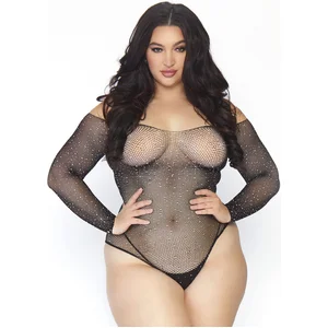 Leg Avenue Body en Résille à Manches Longues Orné de Cristaux Noir Taille 1X-2X pas cher