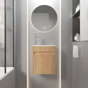 GOOBUY Meuble de Salle de Bain Mural 41 cm Meuble-Lavabo Suspendu avec Rangement Lavabo en Résine Robinet Chromé Naturel pas cher