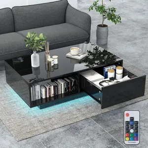 Table Basse Salon COSTWAY - Lumières LED 20 Couleurs - 95 x 55 x 31 CM - Table Basse LED avec Grand Tiroir et Compartiment - Noir pas cher