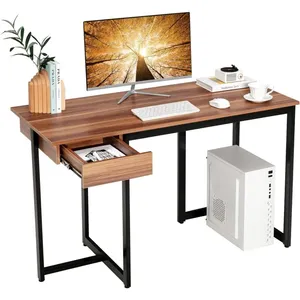 COSTWAY Bureau Informatique avec Tiroir, Cadre en Métal, Repose-pieds Réglables, 120 x 55 x 75 cm, Noyer pas cher