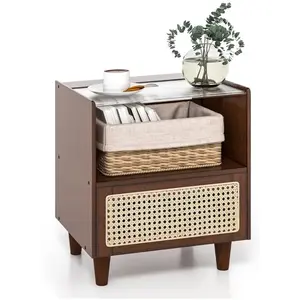 COSTWAY Table de Chevet en Bambou avec Tiroir, Plateau en Verre, Design Cannage, 4 Pieds en Bois Massif, 43 x 35 x 50 cm, Marron pas cher