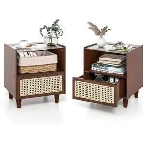 COSTWAY Lot de 2 Table de Chevet en Bambou avec Tiroir, Plateau en Verre, 4 Pieds en Bois Massif, 43 x 35 x 50 cm, Marron pas cher
