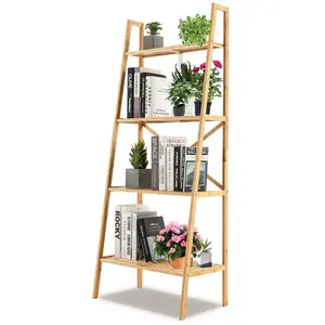 GOPLUS Bibliothèque en Bambou,Étagère en Échelle à 4 Niveaux,avec Dispositif Anti-basculement,pour Salon-Entrée,Naturel pas cher