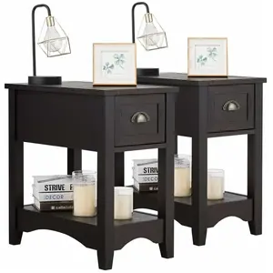 COSTWAY Lot de 2 Tables d'Appoint avec Tiroir, Pieds en Bois d'Hévéa, ... pas cher