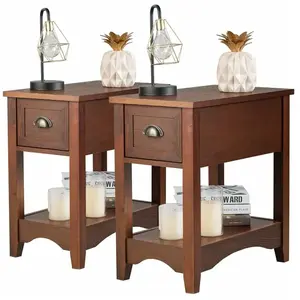 COSTWAY Lot de 2 Tables d'Appoint avec Tiroir, Pieds en Bois d'Hévéa, 56x33x58,5 cm, Bout de Canapé Rétro, Brun Rougeâtre pas cher