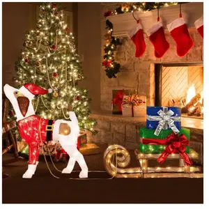GOPLUS Décorations Lumineuses de Noël Ensemble Chien & Traîneau & Boîtes Cadeaux avec avec 170 Lumières LED Chaudes pas cher