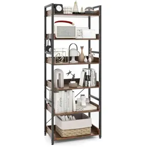 COSTWAY Bibliothèque Industrielle à 6 Niveaux avec 4 Crochets Étagère de Rangement avec Dispositif Anti-basculement, Pieds Réglables