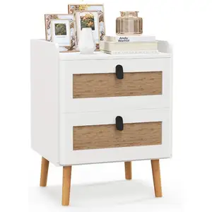 Costway Table De Chevet Avec 2 Tiroirs En Rotin, Table D'appoint Contemporain, Pour Chambre, Salon, 45 X 40 X 57 Cm Blanc pas cher