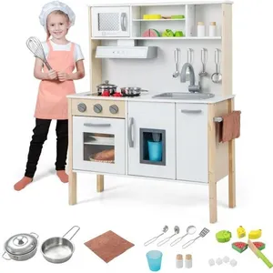 DREAMADE Cuisine Enfant en Bois, Jeu de Cuisine avec Micro-Ondes, Hotte Aspirante, Plaques de Cuisson, Four, Machine à Glaçons pas cher
