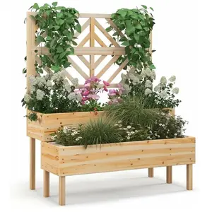 COSTWAY Jardinière avec Treillis à 2 Niveaux en Bois de Sapin Bac à Fl... pas cher