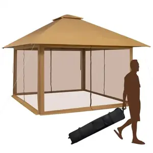 COSTWAY Tonnelle de Jardin Pliante Pop-up 4 x 4M Parois Latérales en Maille à Fermeture Éclair Double Toit Hauteur Réglable Sac Kaki pas cher