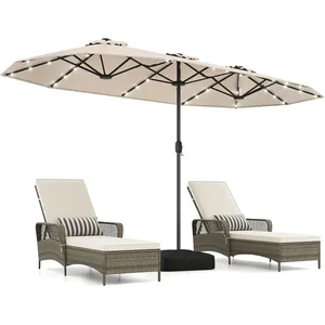 Parasol Double de Jardin XXL 400 x 200 x 240 cm- COSTWAY- 36 Lumières LED - Base Inclus - 12 Baleines -Rectangulaire Beige pas cher