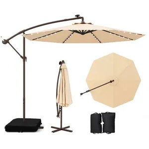 Parasol Déporté 3M LED - COSTWAY - Beige - Base Croisée Sac de Sable - Lumières LED - Protection UV 20+ pas cher