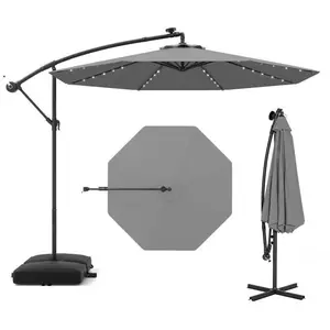 Parasol Déporté LED 3M - COSTWAY - Base Croisée Sac de Sable - Tissu Polyester UV 20+ Gris pas cher