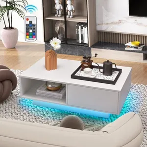 Table Basse Salon COSTWAY - Lumières LED 20 Couleurs - 95 x 55 x 31 CM - Table Basse LED avec Grand Tiroir et Compartiment - Blanc pas cher