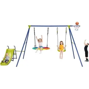 COSTWAY Portique avec Balançoire Nid d'Oiseau Ronde Ø82CM,Toboggan,Pan... pas cher