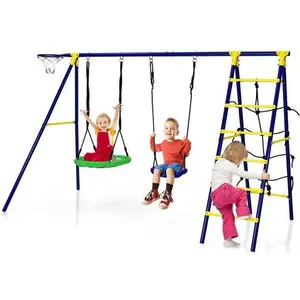 COSTWAY Portique pour Enfants avec 2 Balançoires 5 en 1,Panier de Basket,Filet d'Escalade,1 Echelle d'Escalade Forme A Charge 75kg pas cher