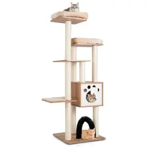 COSTWAY Arbre à Chat 175CM à 6 Niveaux avec Niche et Coussin Amovible, Grande Tour de Jeu pour Chat avec Poteaux en Sisal, Beige